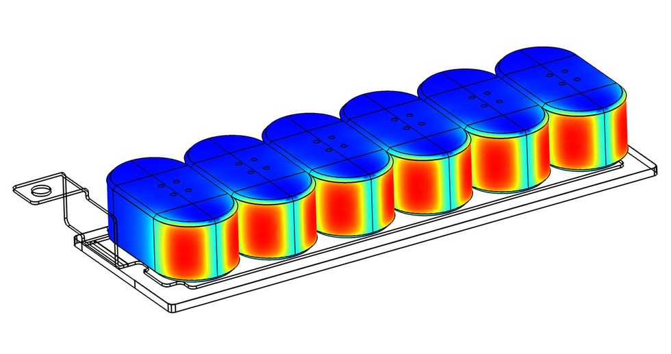 3D model of the electromagnetic behavior inside a DC link capacitor, with some areas more active than others.
