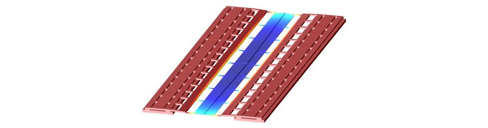نموذج ثلاثي الأبعاد يُظهر الدليل الموجي ، مع هيكل خارجي باللون الأحمر وعناصر داخلية معلقة وتنثني باللون الأزرق.
