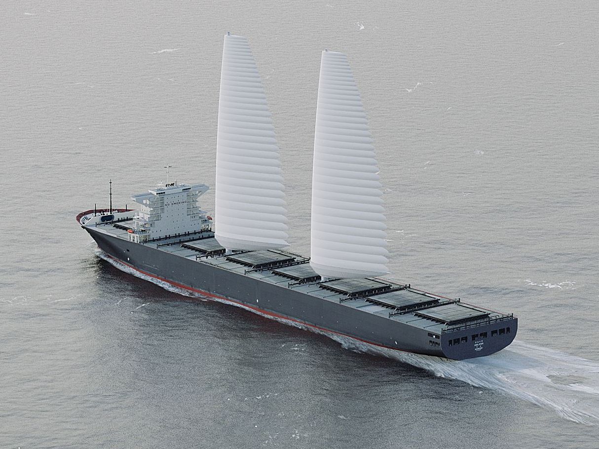 3D rendering of Michelin's Wing Sail Mobility (WISAMO) autonomously-deployed, inflatable sails on a cargo ship