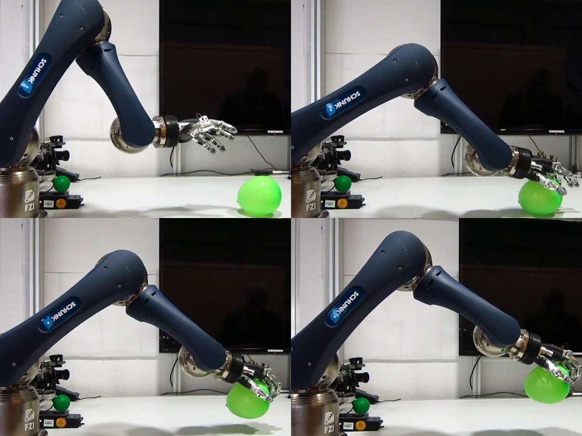 4 video stills showing the robot hand grasping a balloon
