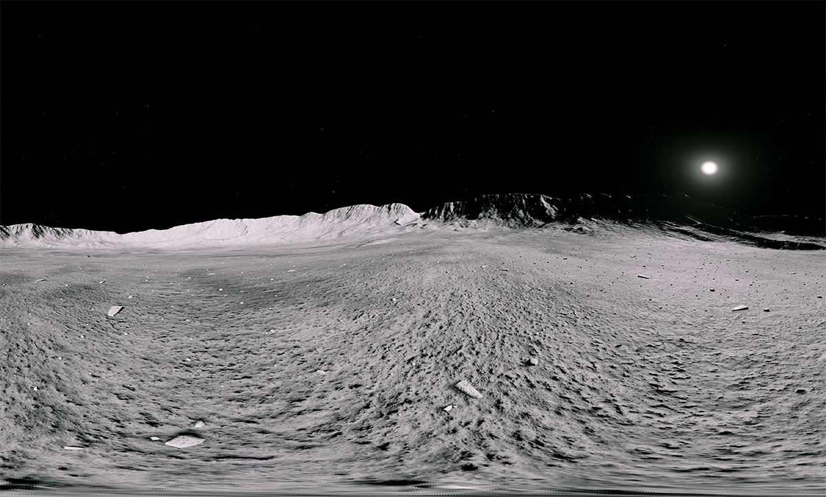 A 360-degree panoramic view of the lunar surface taken from within a moon simulation program.