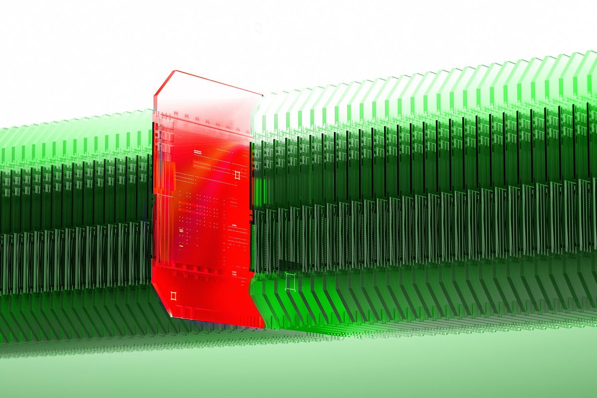 A 3d illustration of a horizontal stack of papers, all of which are glowing green, except for one red one that is being pulled out to the foreground.