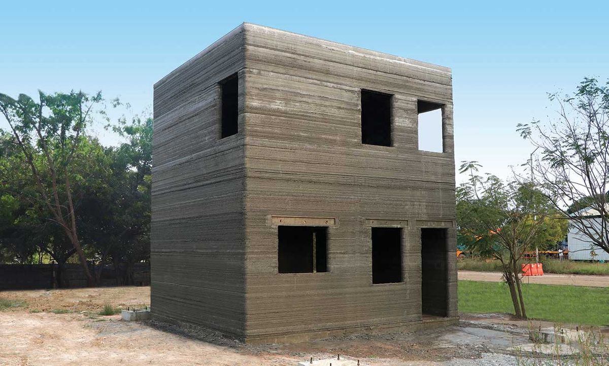 A 3D-printed model residential building at a test facility in Kanchipuram, India