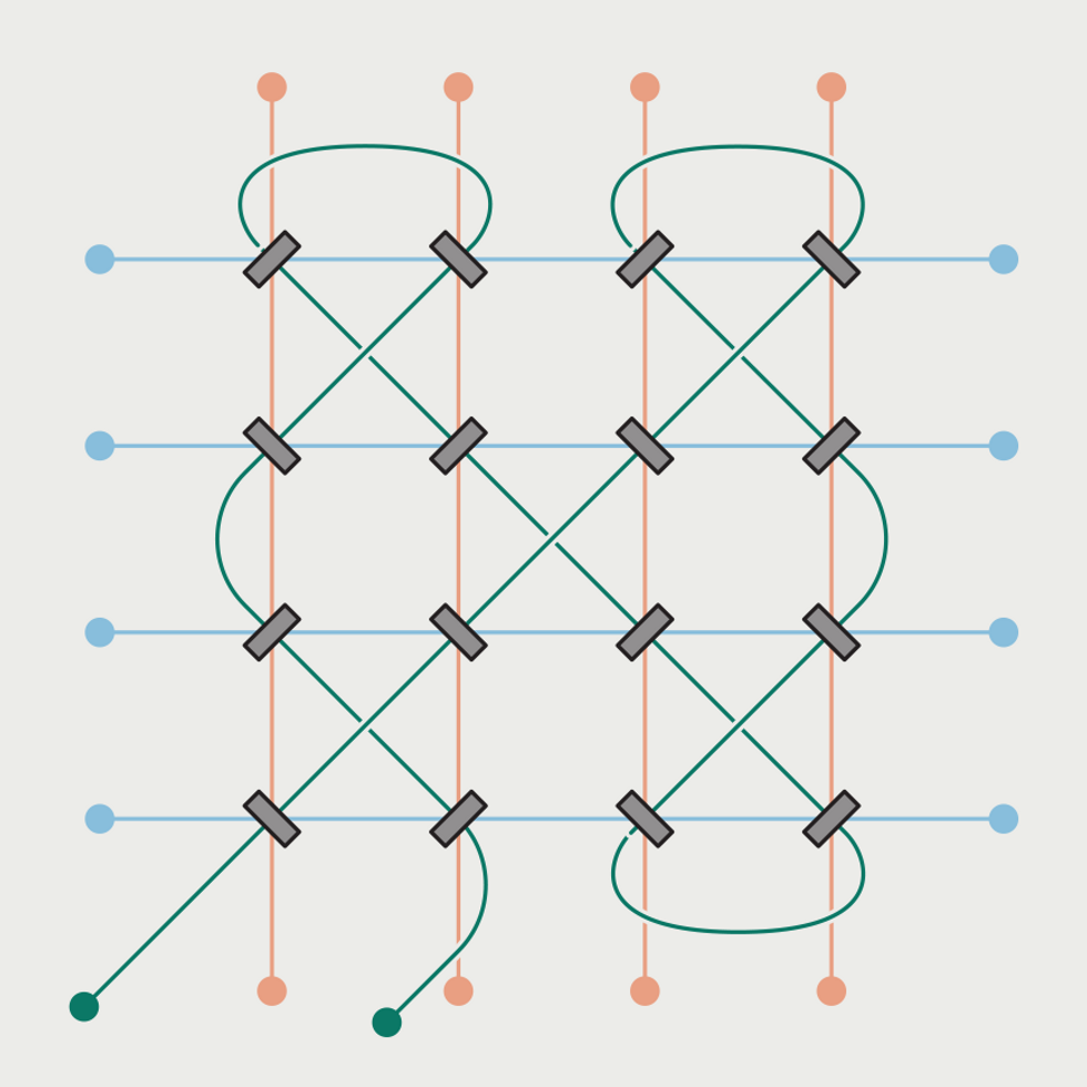 A 4 by 4 grid of ferrite cores placed at alternating 45-degree angles. Four red wires run top to bottom, four blues wires run left to right, and a single green wire threads through the entire grid, passing through each core once. Info for editor if needed: 