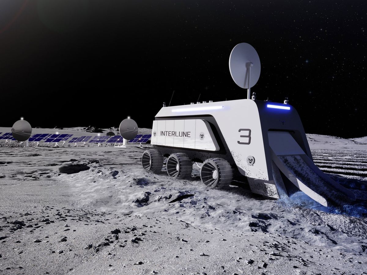 a big gray vehicle with 6 wheels on the moon with sateliite dishes and solar panels