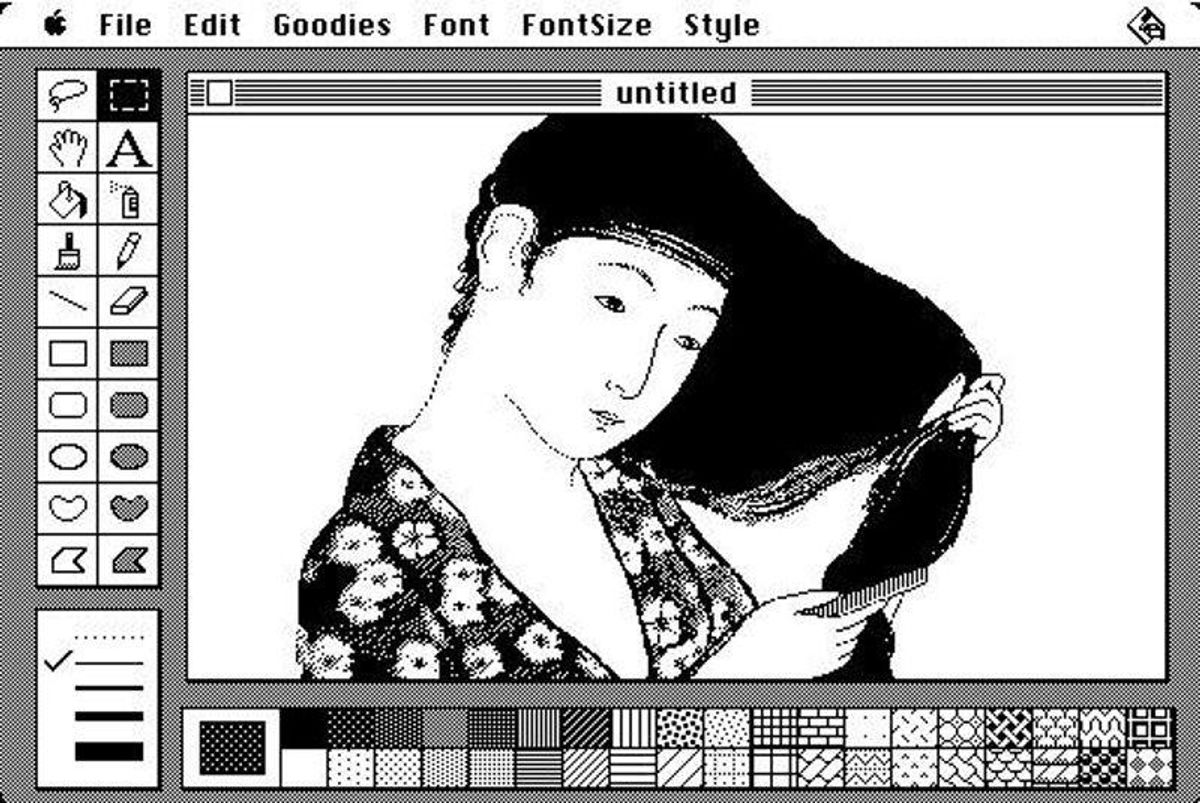 A black and white bitmapped image of an East Asian woman combing her hair, done in the style of a traditional woodblock print.