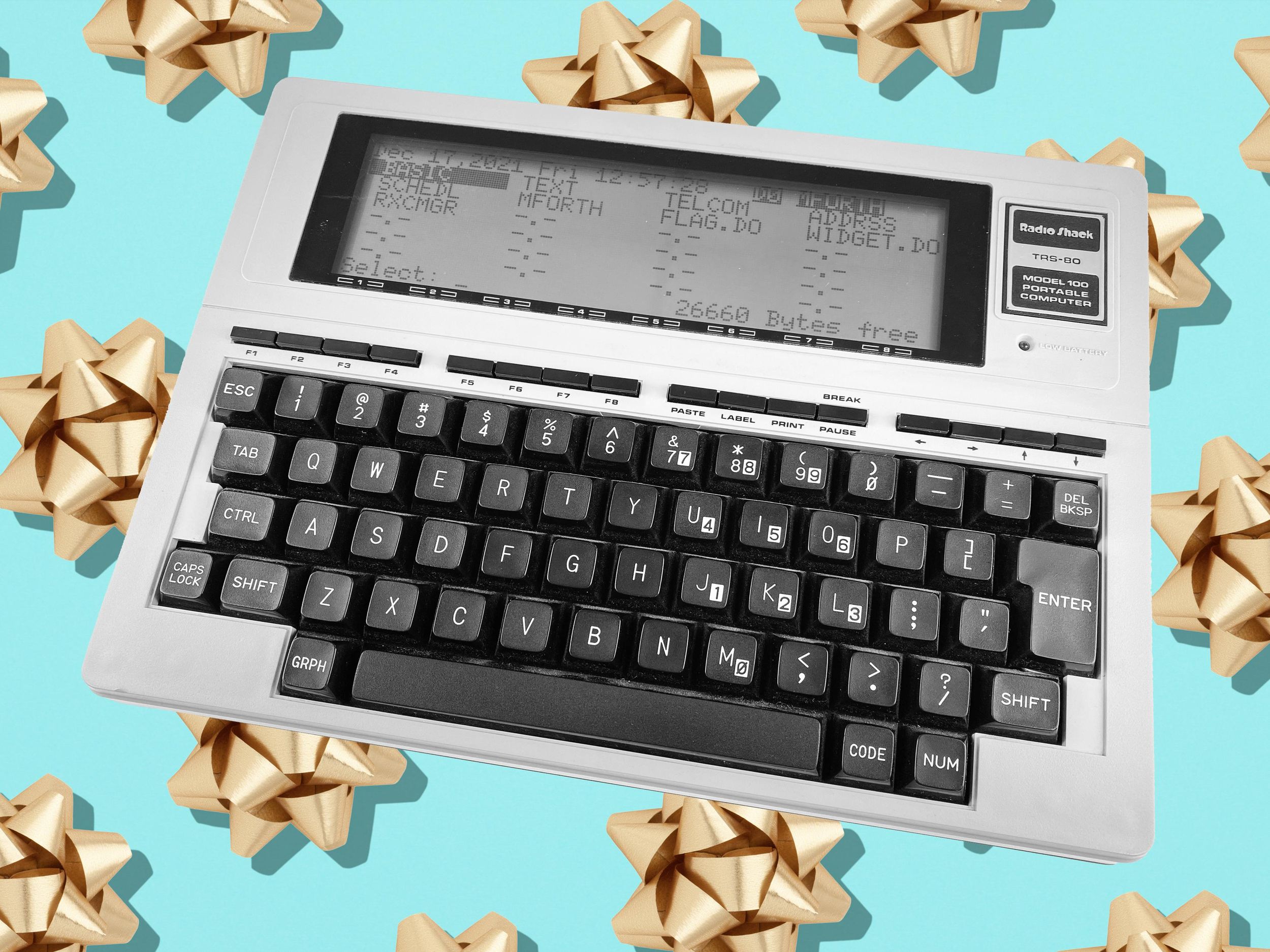 A black and white book-sized computer with a keyboard and monochrome LCD screen on top of a colorful background with bows
