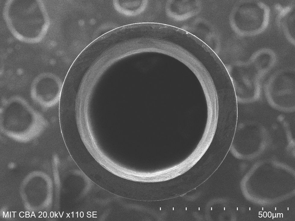 A black-and-white microscopic view of the end of a hollowed-out cylinder