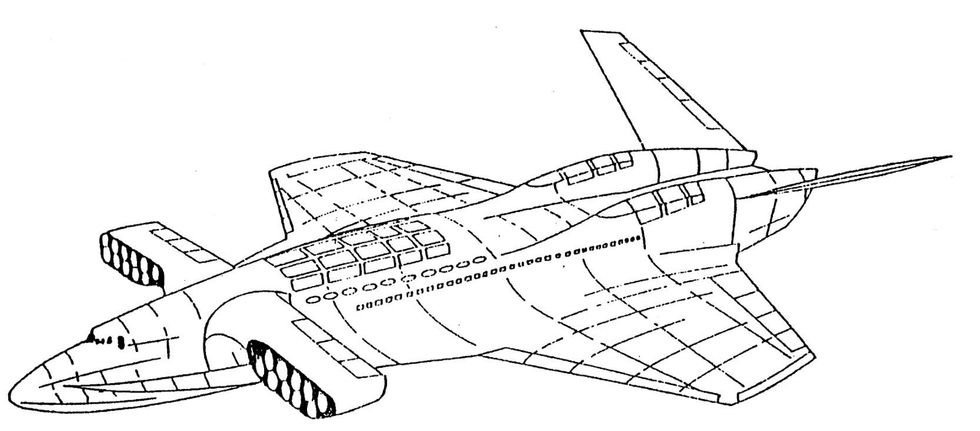 A black and white wireframe drawing of a huge streamlined aircraft