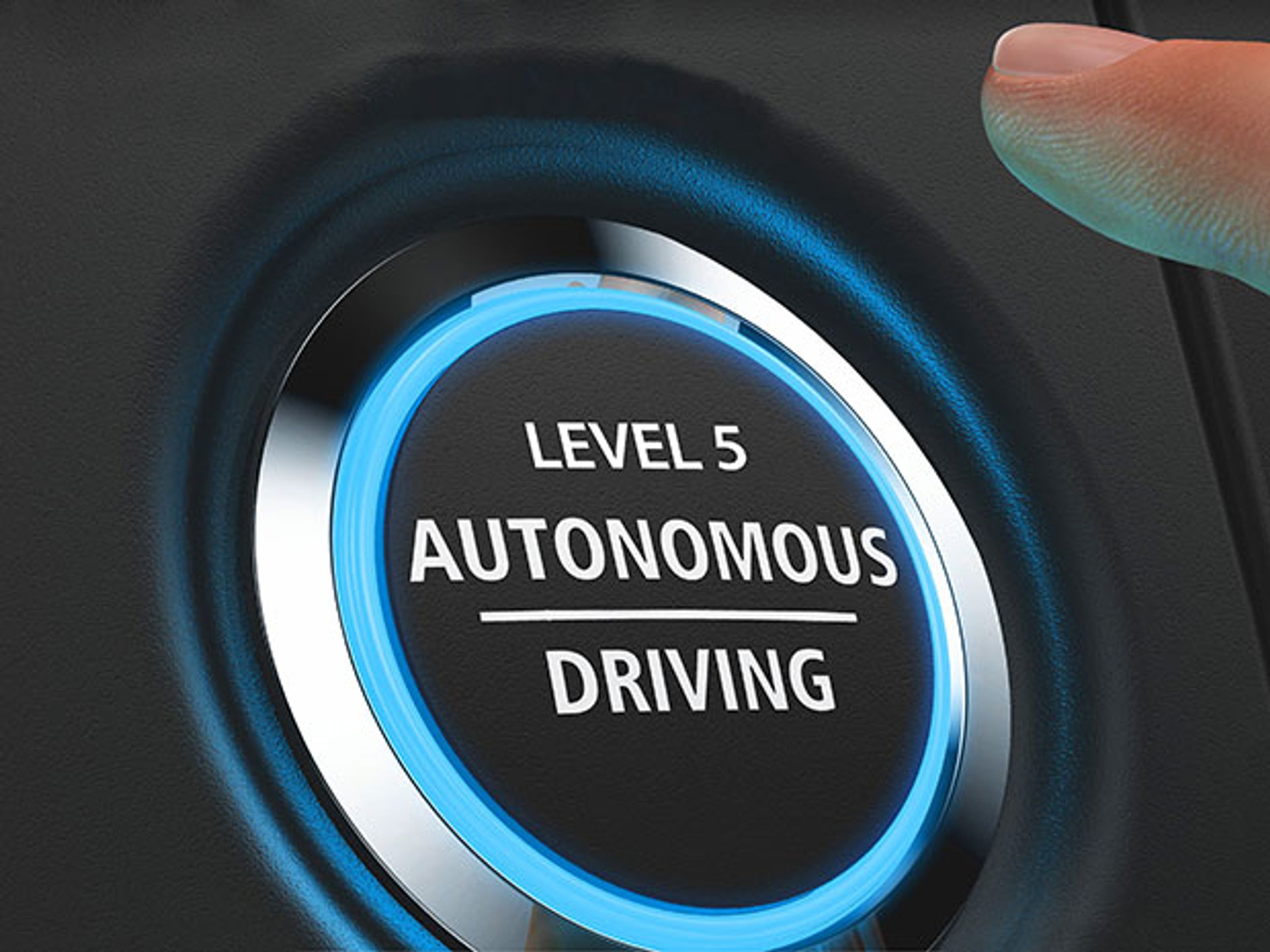 A black button with a glowing blue halo that reads 'Level 5 Self-Driving.'