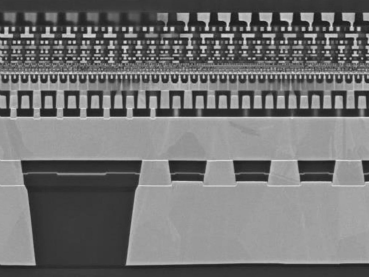 A black, white, grey image of the inside of a chip