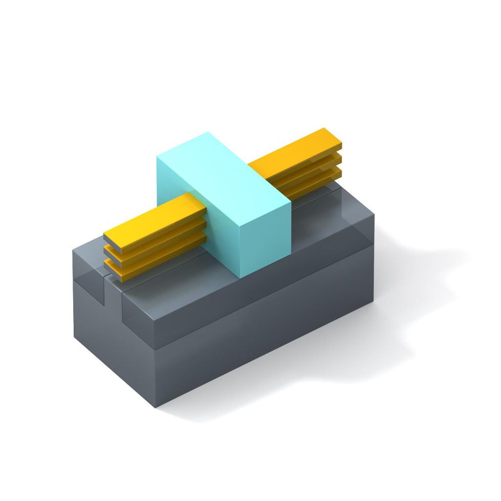 A blue block pierced by three gold-coated ribbons all atop a thicker grey block.