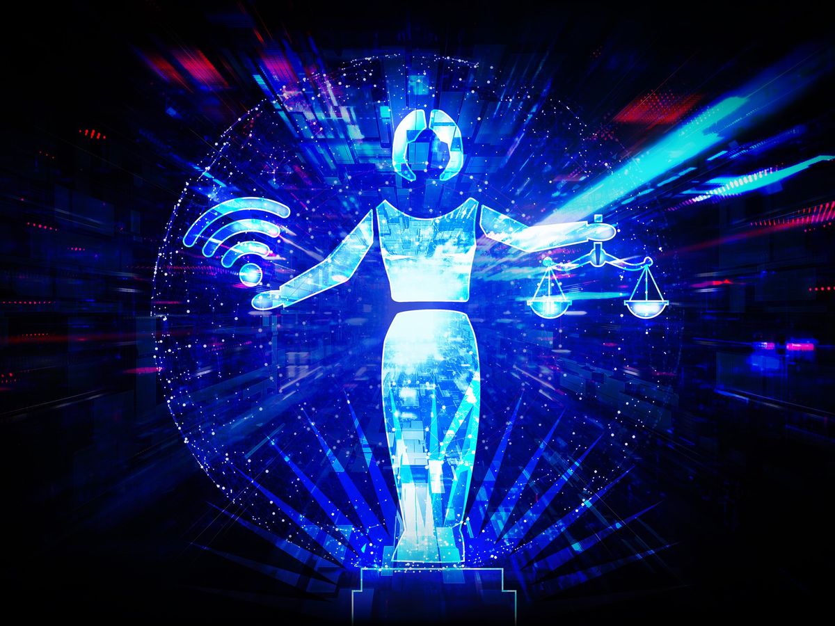 a blue woman silhouette holding a wifi symbol in one hand and a pair of scales in the other hand against a dark background