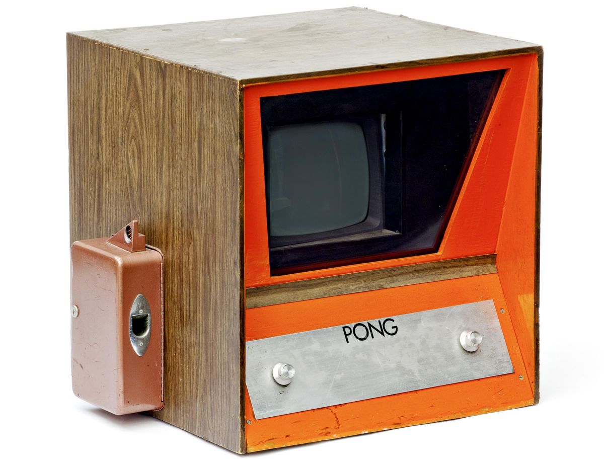 A boxy retro game console with a CRT screen with the word Pong on the front.