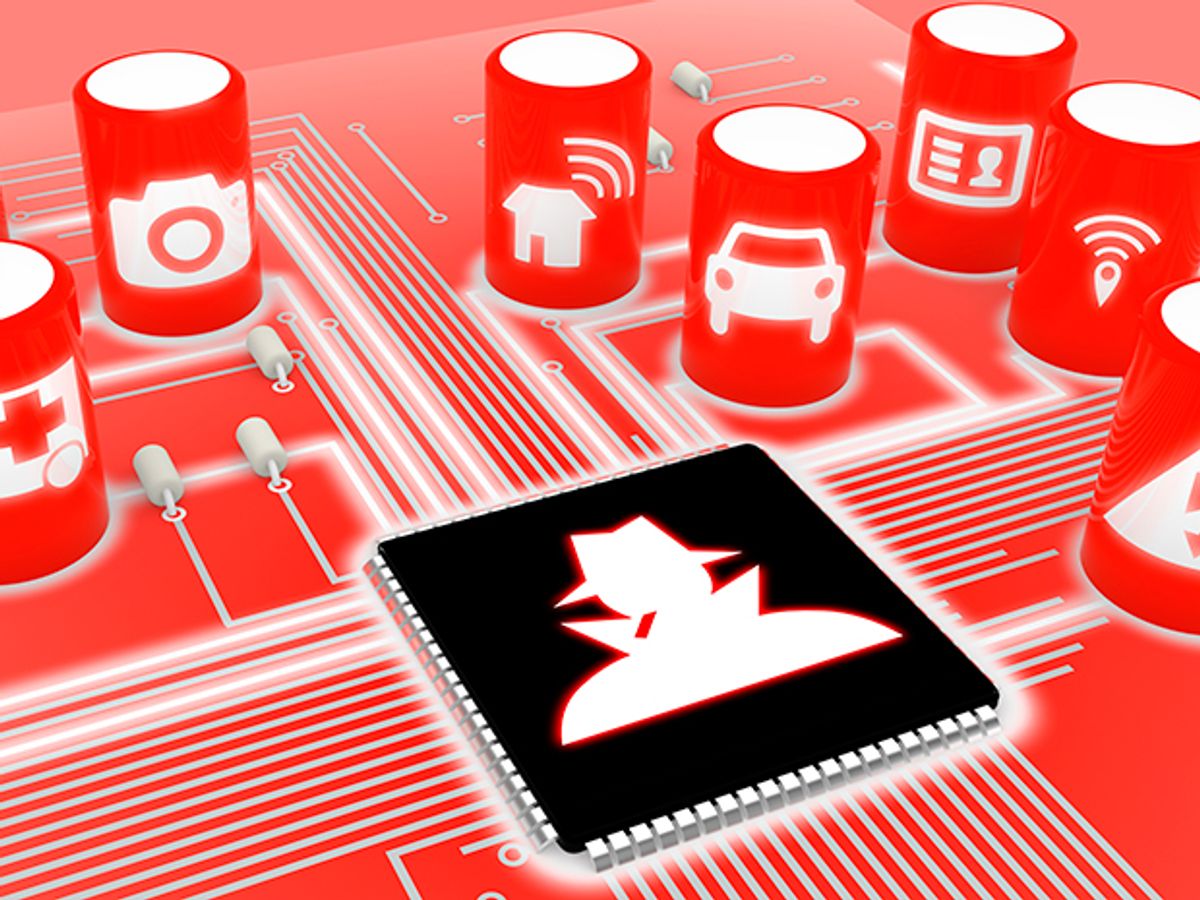 A bright red illustration of a computer chip with the outline of a hacker wearing a hat inscribed on the front.