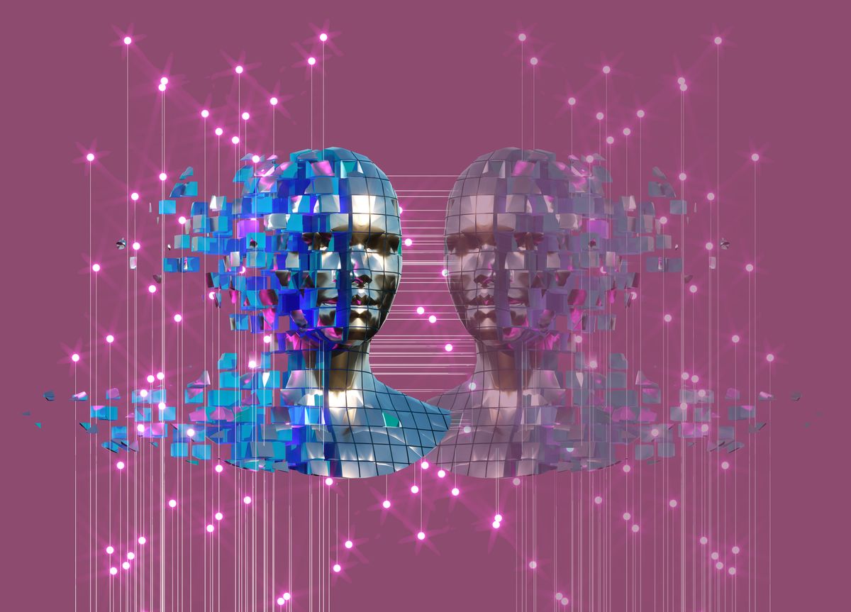a bust of a person in shiny metal plates with lines and dots against a purple background