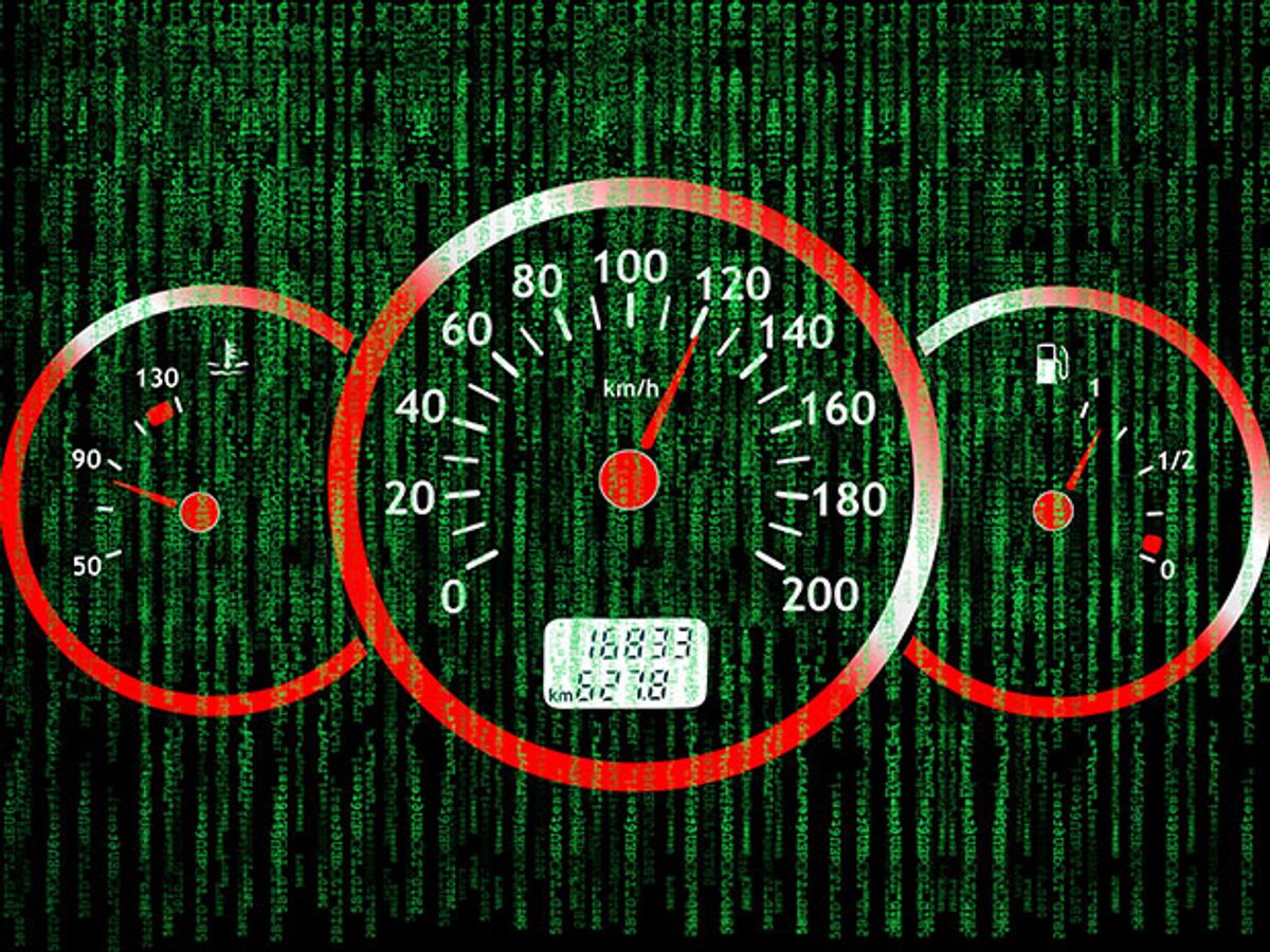A car's dashboard. Steering, braking, and even speed can be controlled by hackers
