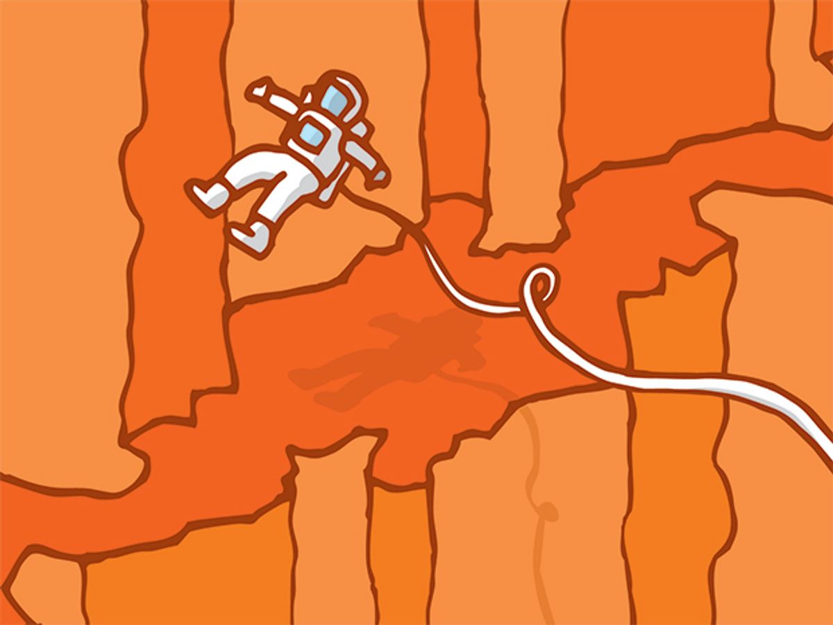 A cartoon astronaut floating above a red-orange Mars-like background