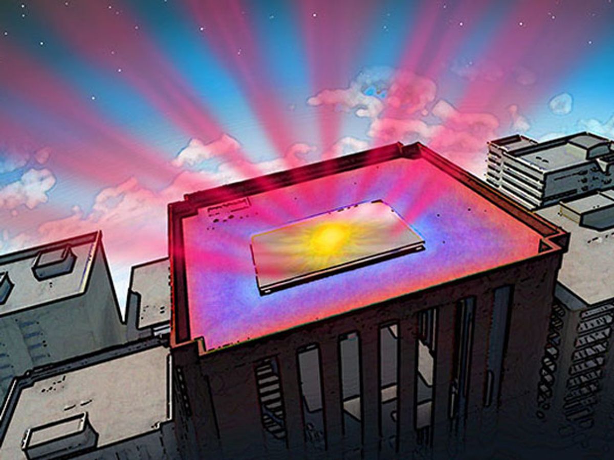 A cartoon building with a rectangle on the roof reflecting the sun and beaming out read rays.