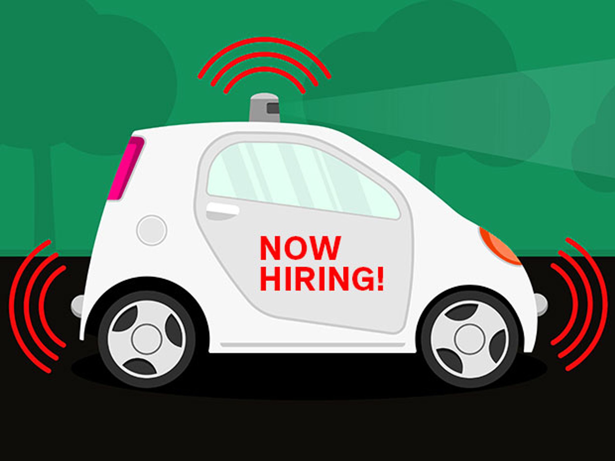 A cartoon of a self-driving car with a &quot;Now Hiring&quot; sign shows the autonomous vehicle industry is looking for software engineers