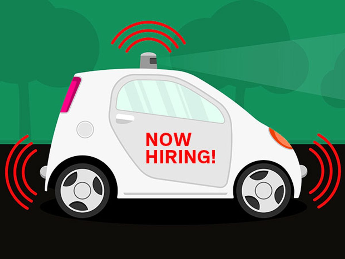 A cartoon of a self-driving car with a "Now Hiring" sign shows the autonomous vehicle industry is looking for software engineers