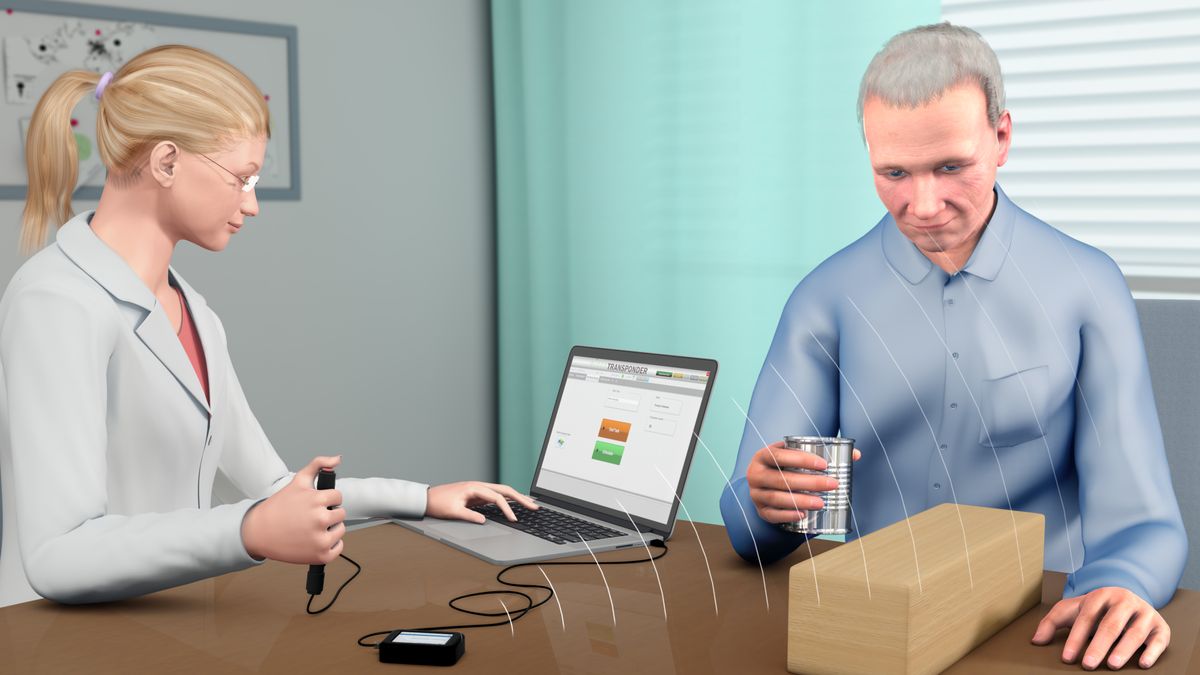 A cartoon of a woman in a lab coat and a man in a blue shirt. The woman is holding a button in one hand and looking at a computer. The man is picking up a glass of water.