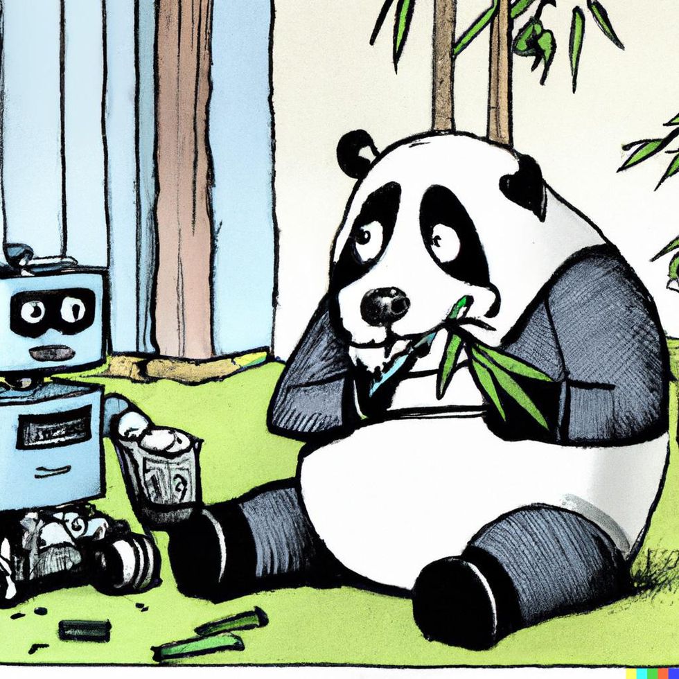 A cartoon shows a panda with bamboo sticking out of its mouth and a sad expression on its face looking at a small robot. 