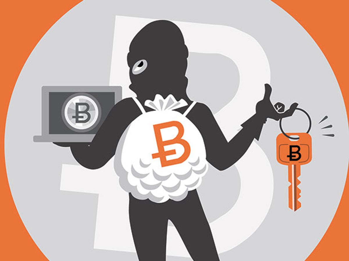 A cartoon thief carrying a bag with the Bitcoin symbol on it