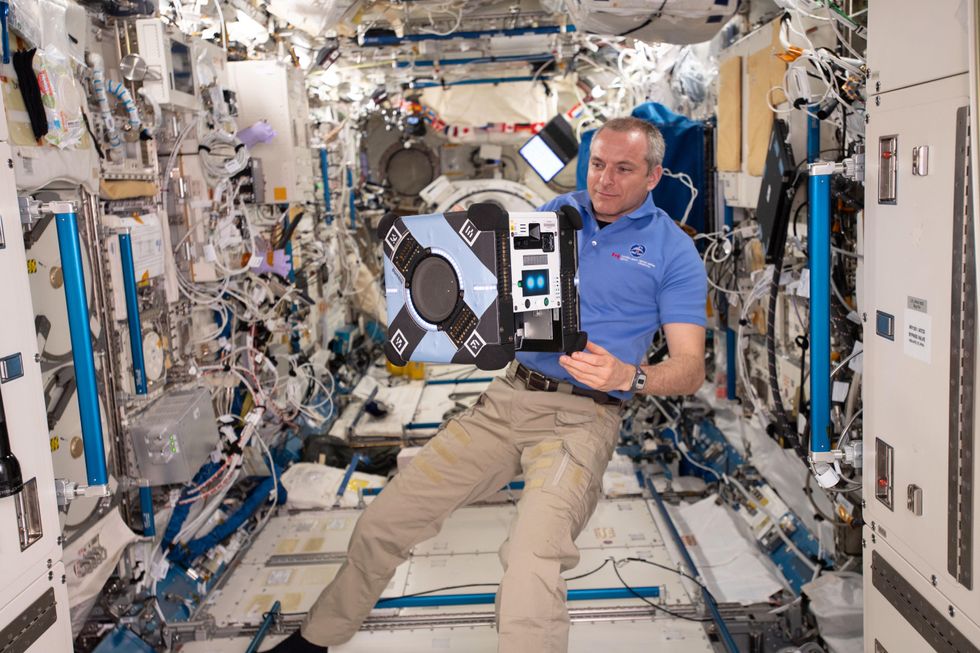 A casually dressed astronaut holds a toaster-sized cubical robot on the International Space Station