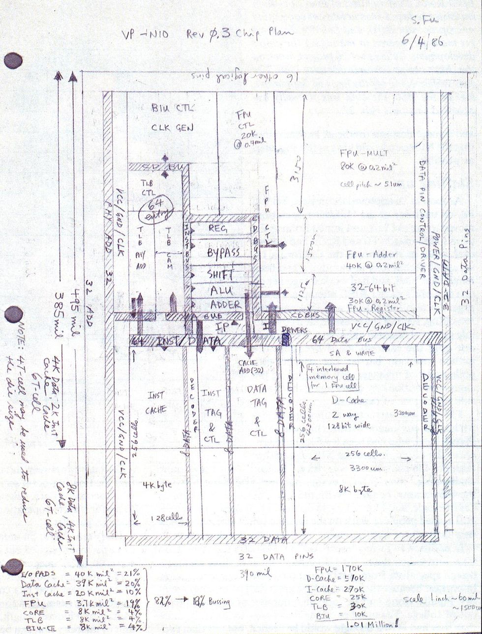A circuit diagram sketched in pencil on paper, handwritten notes identify FPU-Adder, 32-64bit, INST CACHE, D-Cache, and other features