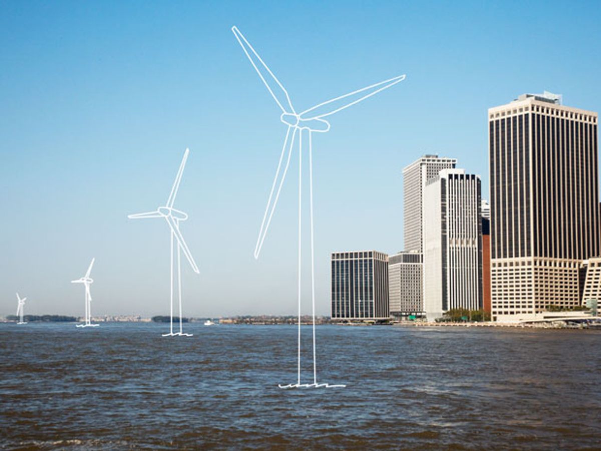 A city skyline with imaginary wind turbines just off shore.