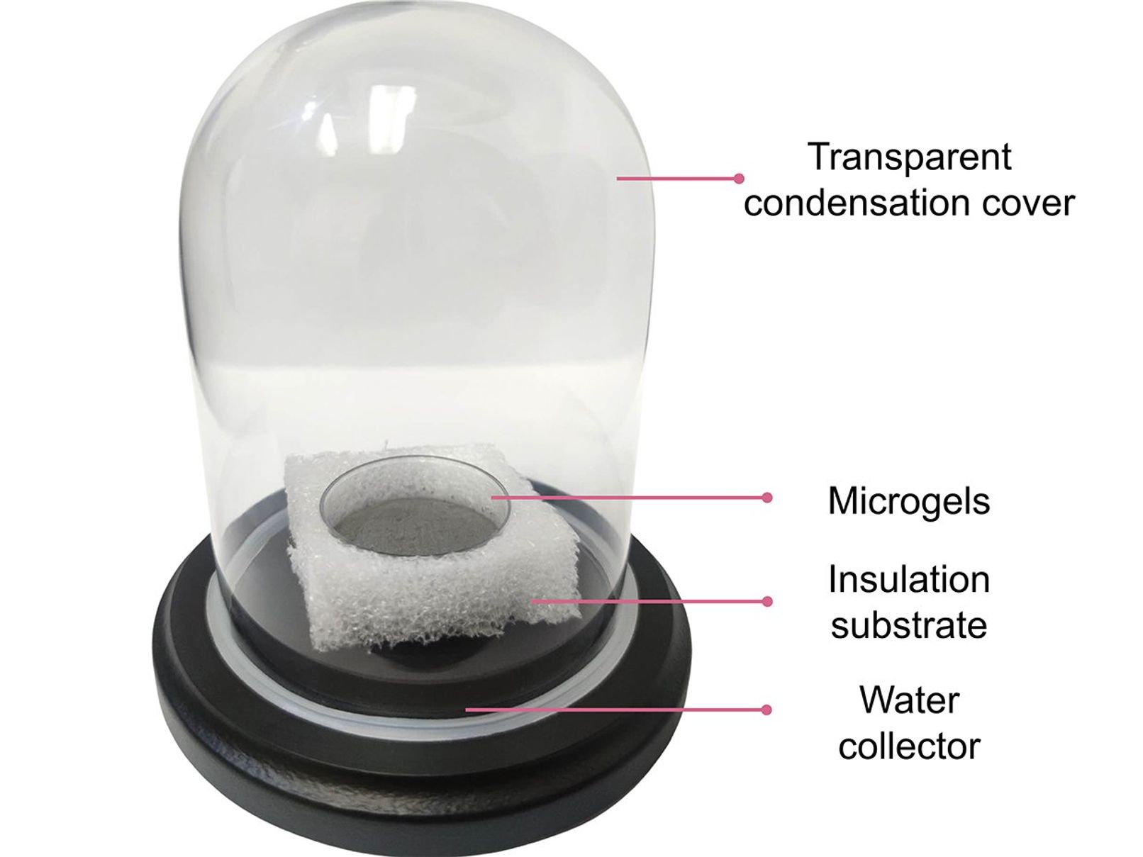 A clear dome sits on a pedestal. Inside is a dish with black powder surrounded by some white foam. A label over the dome say transparent condensation cover, while other labels point to the water collector, insulation substrate, and microgels.
