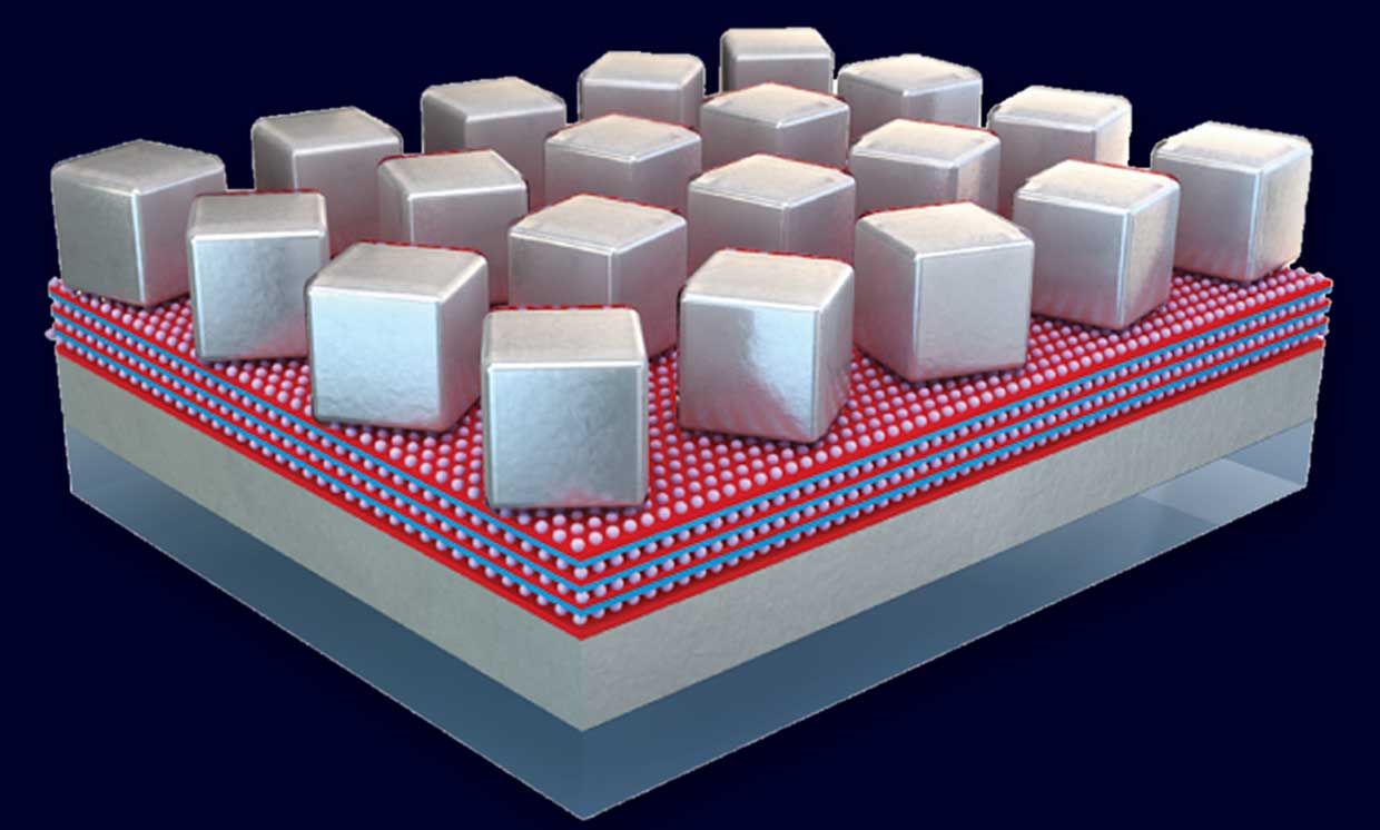A close-up depiction of the new fiber-free optical WiFi antenna. Silver nanocubes are spaced just a few nanometers above a silver base, with fluorescent dyes sandwiched in between.