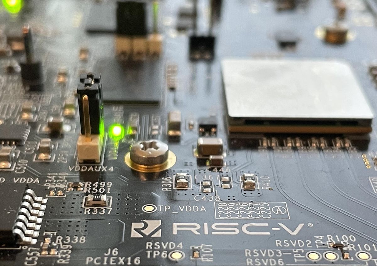 A close up of a board with RISC-V logo clearly visible
