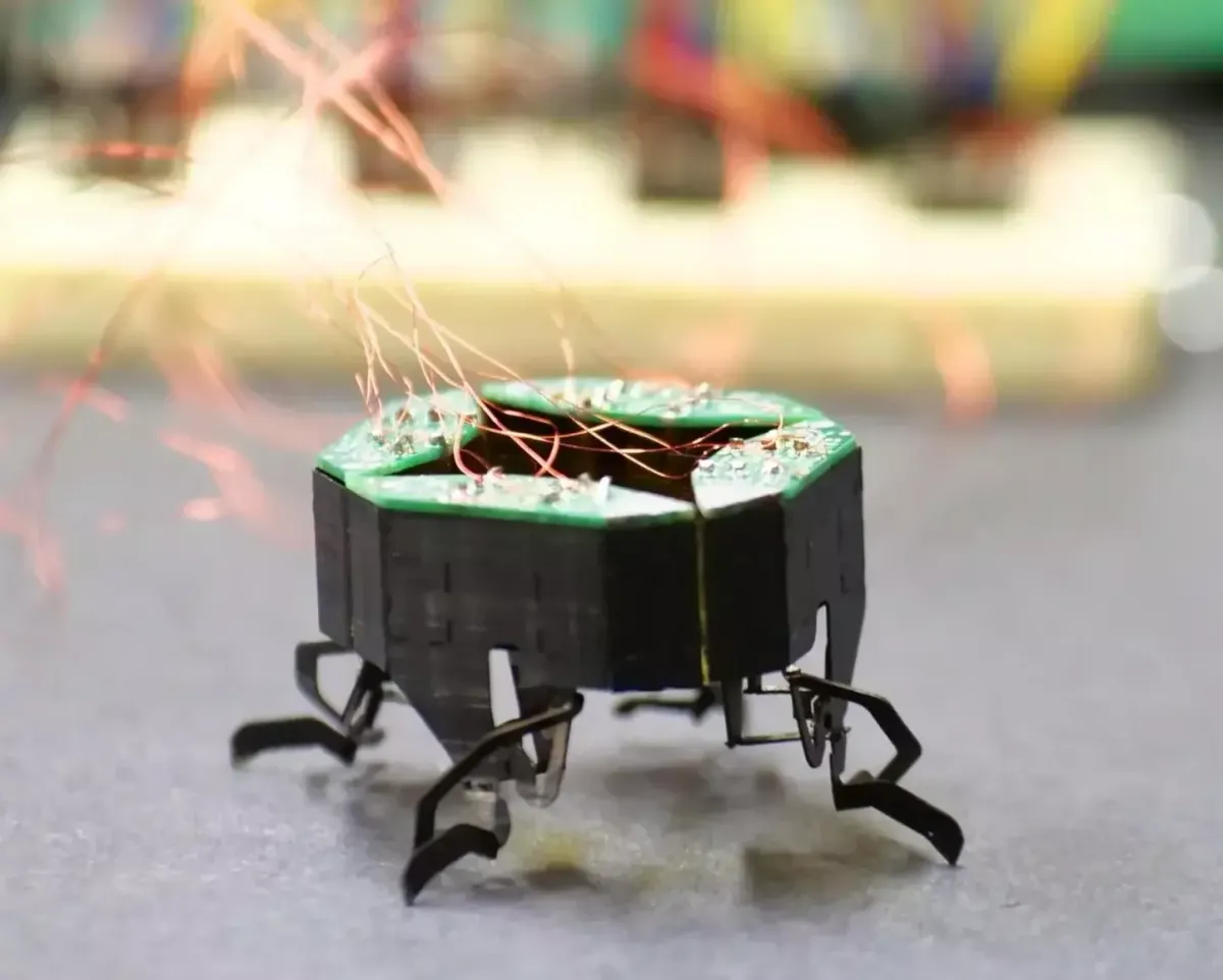 A close up photo of a tiny robot with six black legs and a circuit board on top, attached to a breadboard in the background through copper wires.