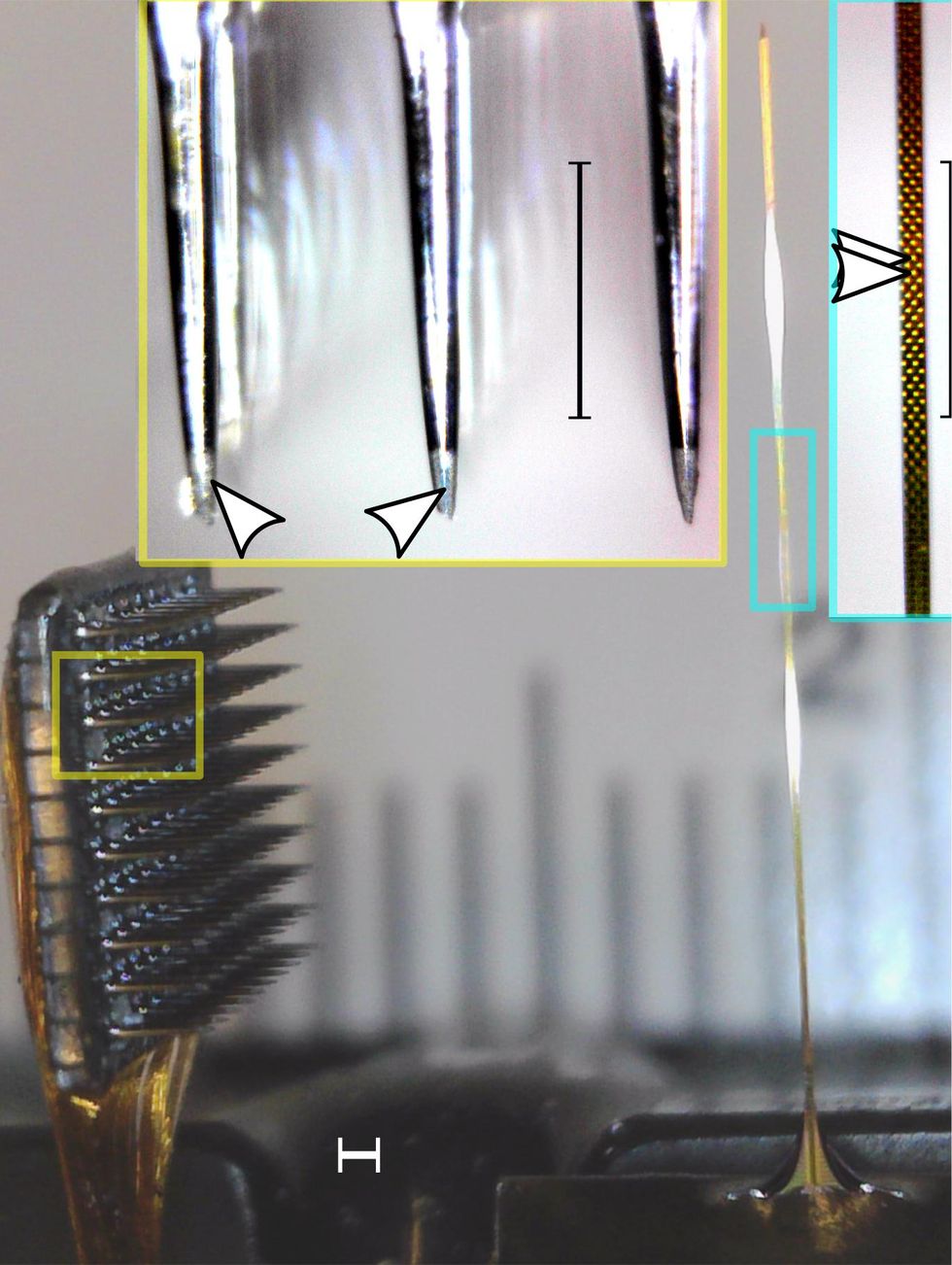 A closeup image compares two tiny metal devices. The device on the left has a rectangular metal base with many rows of tiny spikes poking out. A yellow box superimposed over the device indicates a further zoom-in; an inset image shows the points of the spikes with arrows pointing toward their tips. The device on the right is a single long metal shaft that stretches from the top of the image to the bottom. A blue box superimposed over the device indicates a further zoom-in; an inset image shows a portion of the long shank with arrows pointing to the checkerboard pattern on its surface.