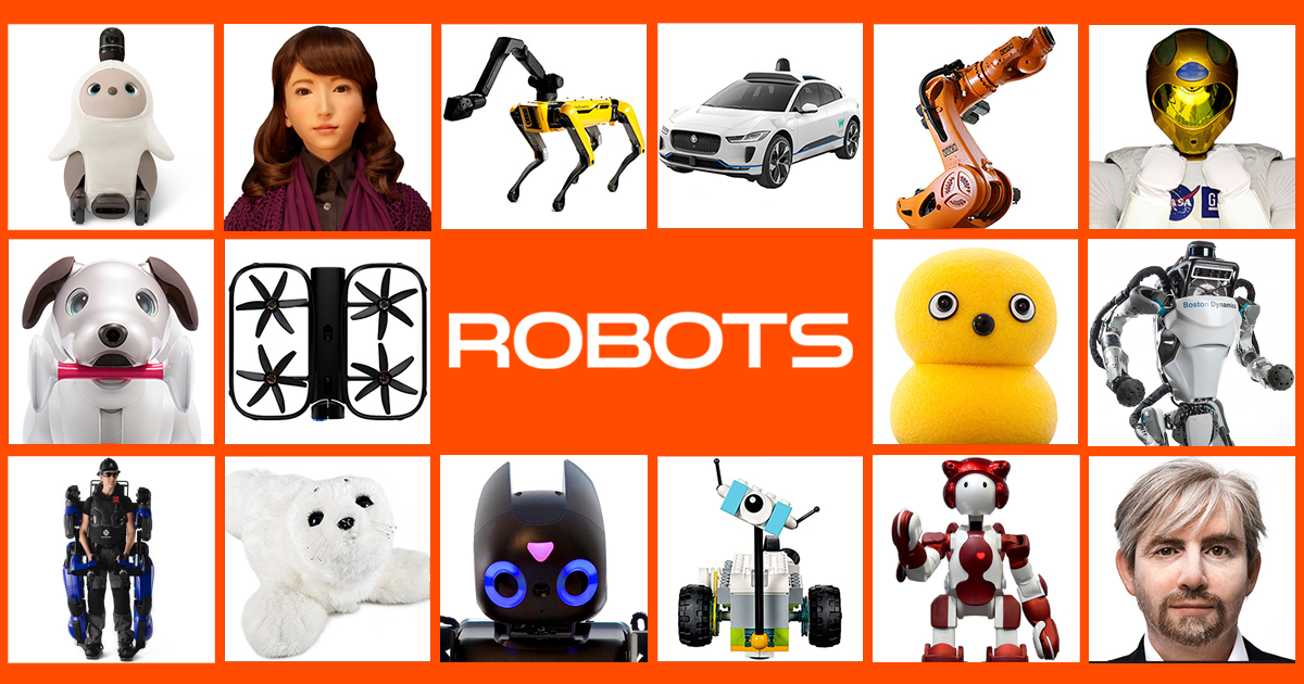 A collage of 16 rectangular pictures of a variety of different robots surrounding a block of text that says ROBOTS.