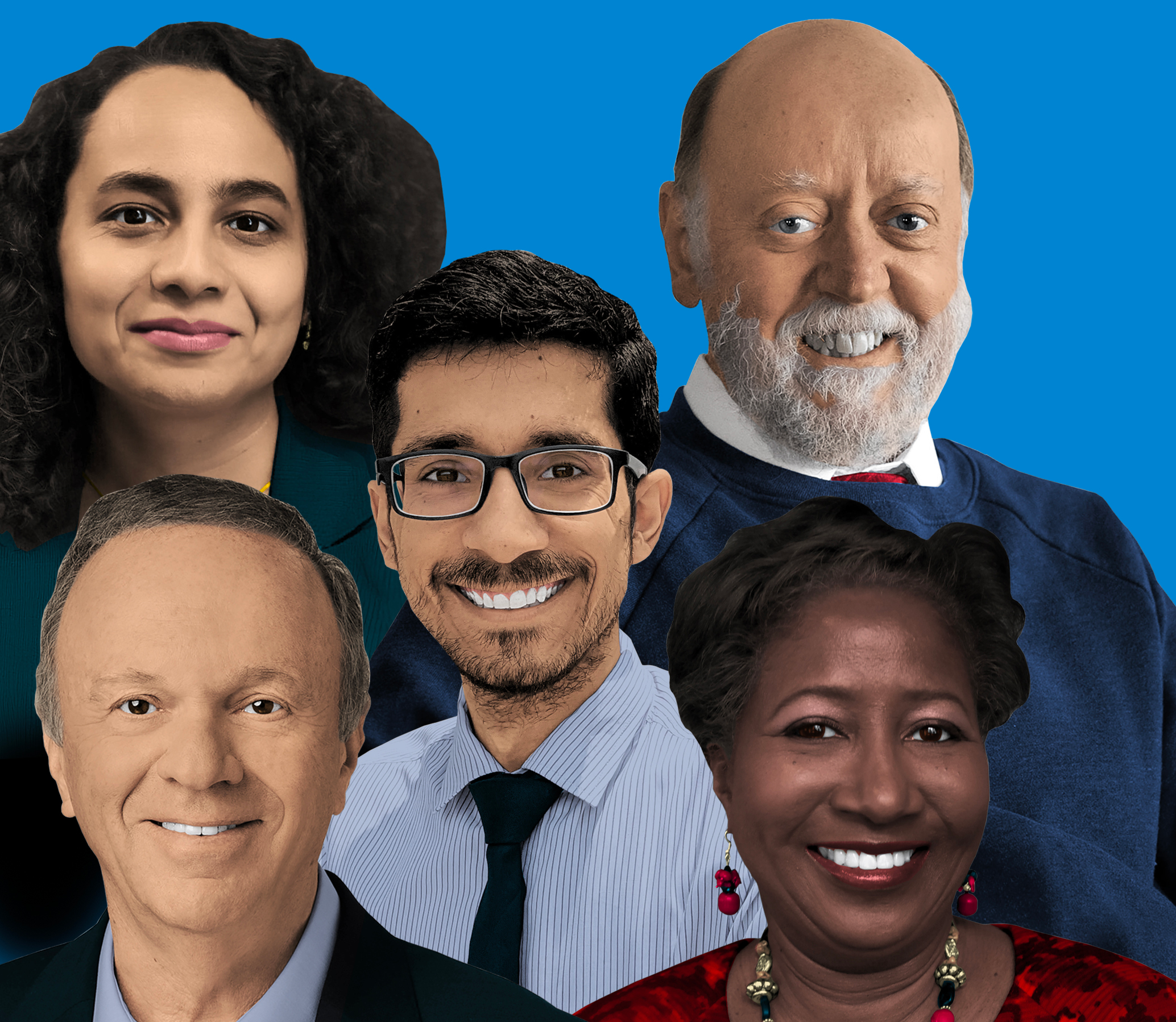 A collage of 5 people on a blue background.  
