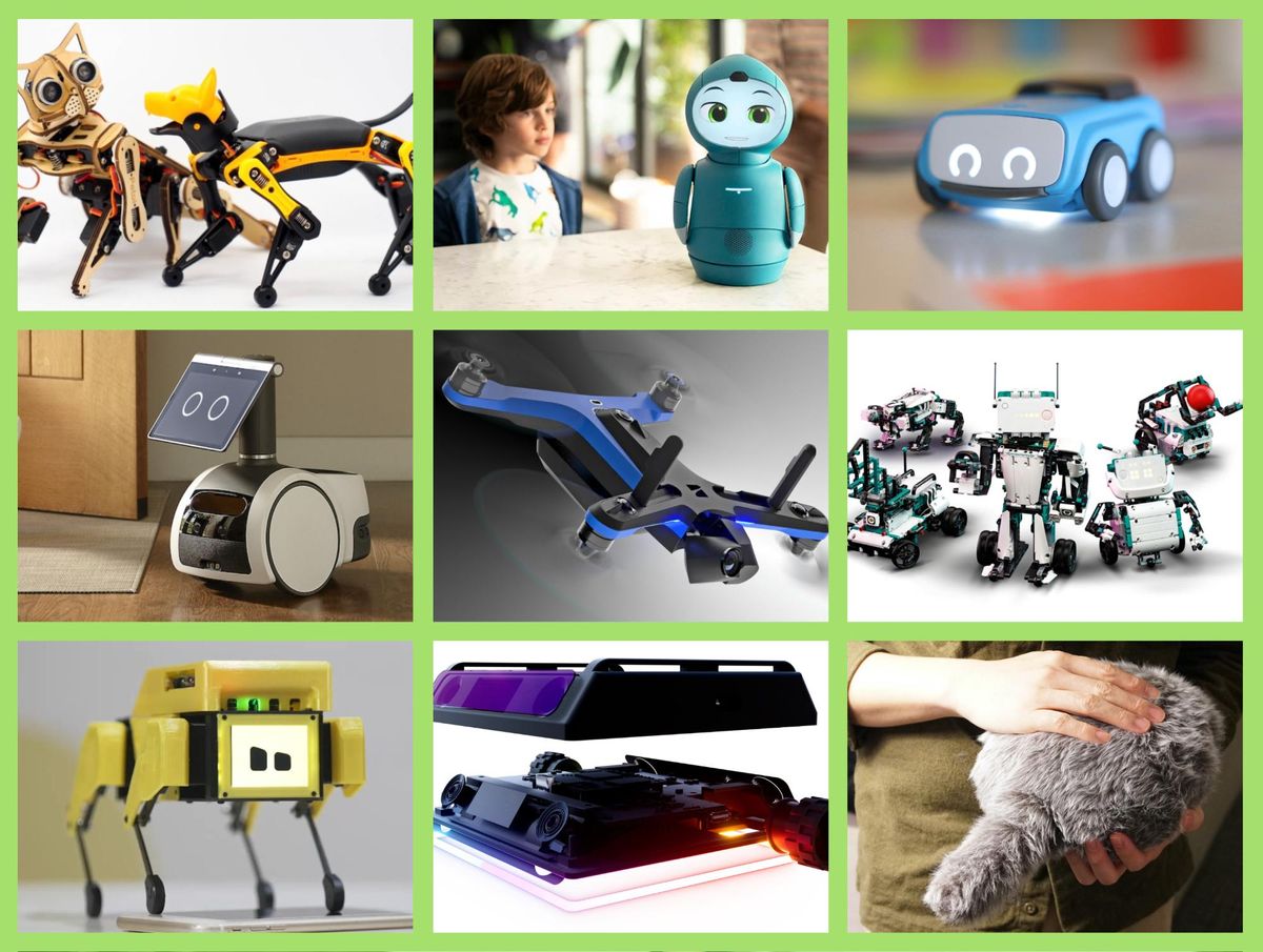 A collage of 9 photos of robots, including quadrupeds robots, wheeled robots, and drones.