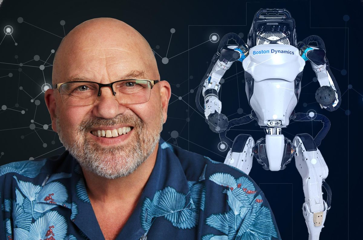 A collage of a headshot of Marc Raibert who is an older man with a beard and glasses in a flower print shirt, and an large black and white Atlas humanoid robot