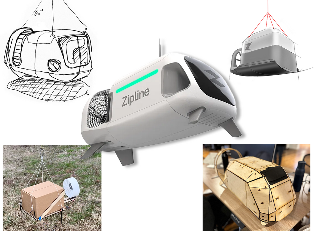 A collage of five images show iterations of the system from sketch to early prototype to final design.