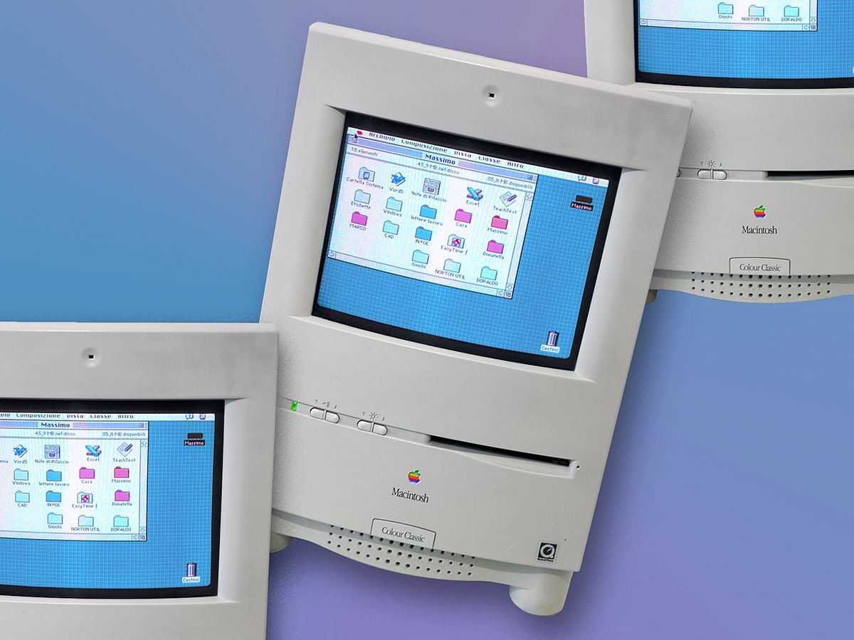 A collage of three Macintosh Colour Classic computers in a row.