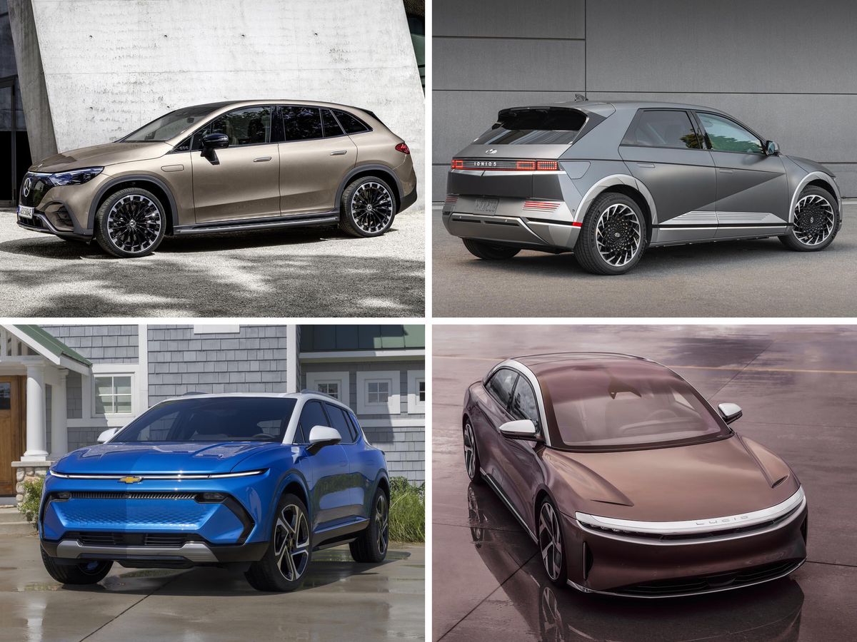 A collage showing four current electric vehicles. The EV's shown are: Mercedes-EQE SUV, Hyundai IONIQ 5, CHEVROLET EQUINOX EV 3LT, and Lucid Air.