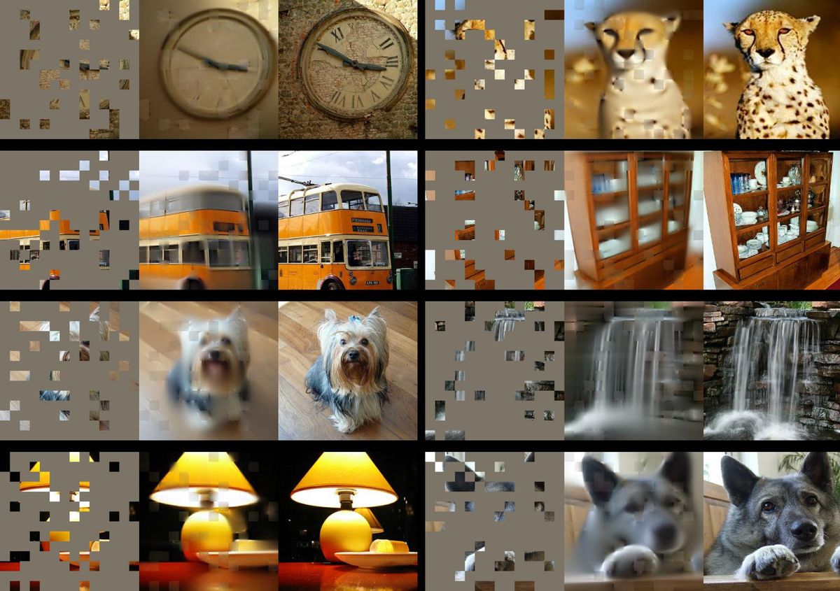 A collection of 8 sets of images. In each, the left most image is partially obscured, yet recognizable as the blurry version (center) and the sharp version on the right.