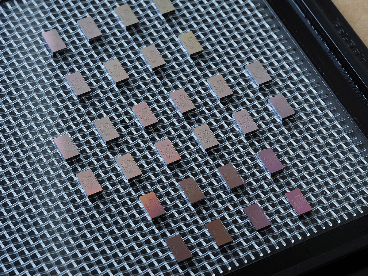 A collection of mini-spectrometer chips are arrayed on a tray after being made through conventional chip-making processes.