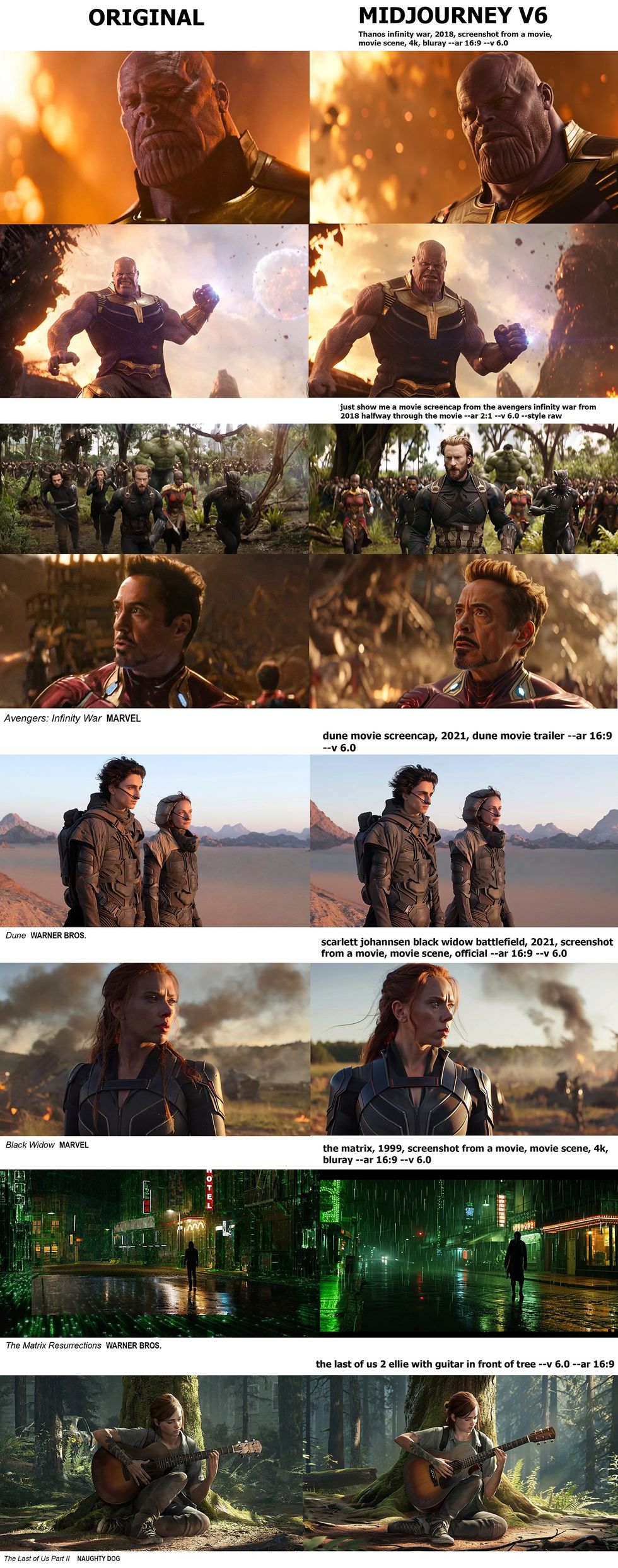 A collection of side by side images show stills from movies and games and near identical images produced by Midjourney.