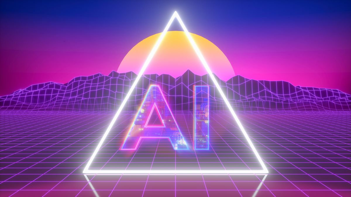 A computer generated landscape with framework over the land and mountains, and a beautiful sun on the horizon. In the foreground is a glowing triangle with the letters AI glowing with some circuitry.