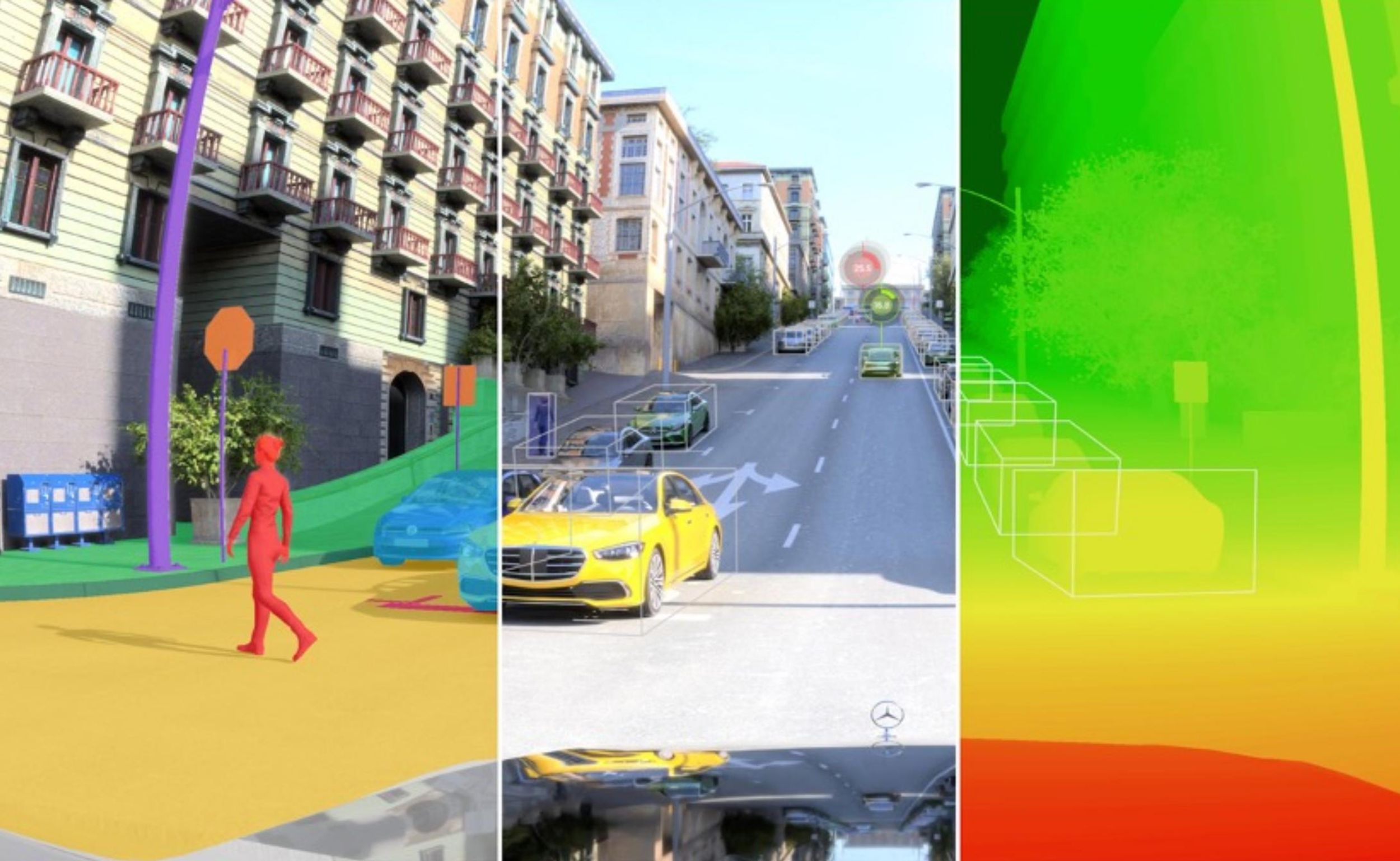 A computer-generated street scene shows cars that are outlined in boxes and a red-colored pedestrian crossing the road.
