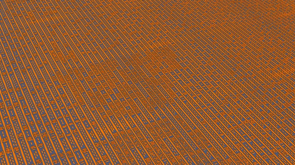 A computer-generated surface textured in seemingly random patterns of copper extends into the distance at top.
