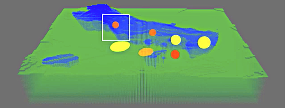 A computer graphic of terrain in green. There is a blue swath in the middle, with several yellow, orange, and red circles sprinkled across it.
